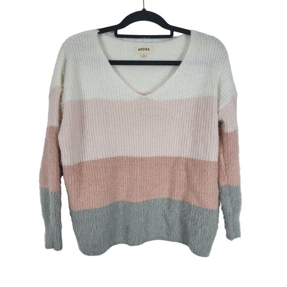 Adora Color Block Coquette Fuzzy Sweater S Womens Long Sleeve Pullover V Neck - Picture 1 of 5